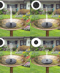 Solar Bird Bath Fountain Pump with six nozzles spraying water, garden setting, 1.4W upgrade, no wiring needed, outdoor decor