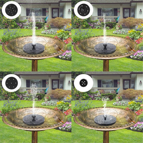 Solar Bird Bath Fountain Pump with six nozzles spraying water, garden setting, 1.4W upgrade, no wiring needed, outdoor decor