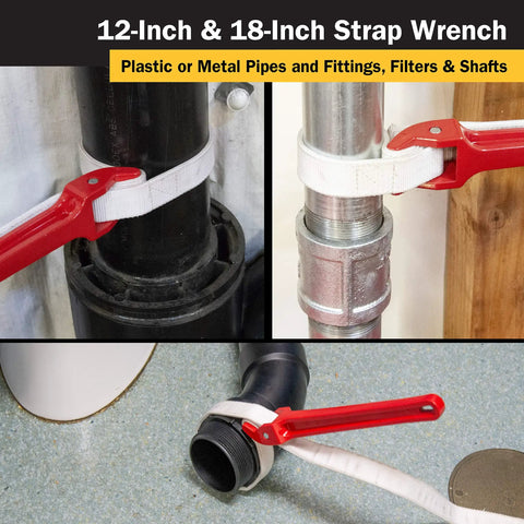 12 Inch Strap Wrench With 34 Inch Strap Length and 1.05 Inch Width on metal and plastic pipes and fittings