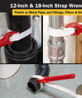 12-Inch & 18-Inch strap wrench on metal and plastic pipes, showcasing heavy duty grip on fittings and shafts