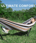 Double Hammock With Stand For Outdoor And Indoor Use Portable Space Saving Heavy Duty Steel Frame Easy Assembly 2 Person Capacity 450 Lbs Kick Back Coffee