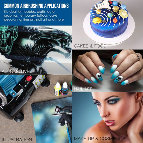 Cool Runner II Dual Fan Airbrush And Compressor Kit with airbrush applications: automotive art, cake decoration, nail art, makeup