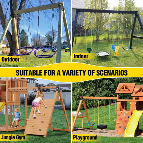 Collage of A-Frame Swing Set Brackets Kit With Four Beefy Swing Hangers And Heavy Duty Mounting Hardware for outdoor playgrounds