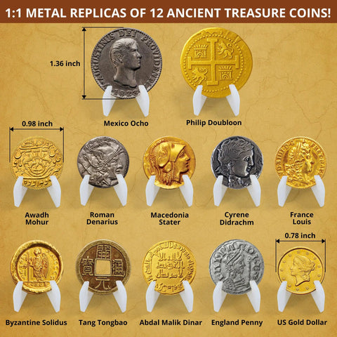 Pirate Treasure Dig Kit for Kids 6 and Up, Uncover 16 Plus Realistic Ancient Coin Replicas, Fool's Gold and Pirate Charms, STEM Archaeology Craft for Necklace Making, Coin Collecting Gift for Curious Explorers. 1:1 metal coin replicas on display