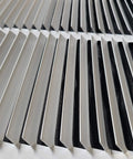 Close-up of angled fins on Beefy Steel Return Air Grille For 24x14 Duct Opening, White Vent Cover For Sidewall Or Ceiling HVAC Cold Air Intake Grille Outer Dimensions 25.75W X 15.75H Durable Home Duct Vent Cover.