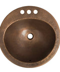 Top view of Bell Drop In Handmade Copper Bath Sink With Four Inch Faucet Holes And Overflow, Nineteen Inch Antique Copper.