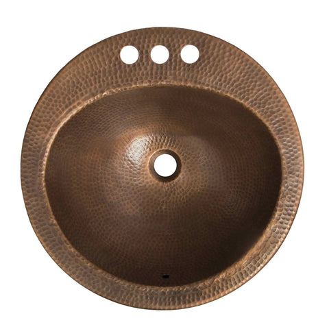 Top view of Bell Drop In Handmade Copper Bath Sink With Four Inch Faucet Holes And Overflow, Nineteen Inch Antique Copper.