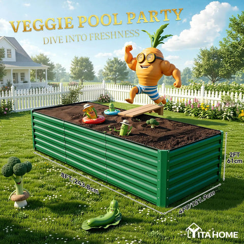8x4x2ft Large Raised Garden Bed Kit With Galvanized Metal Planter Box And Included Gloves Ground Nails Support Rods Safety Rubber For Outdoor Above Ground Use Ideal For Vegetables Flowers And Plants Green in backyard setup