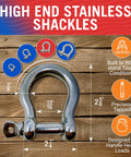 Heavy Duty 316 Stainless Steel D Ring Shackles 4 Pack Marine Grade Bow Or Clevis Anchor Shackle with dimensions and features