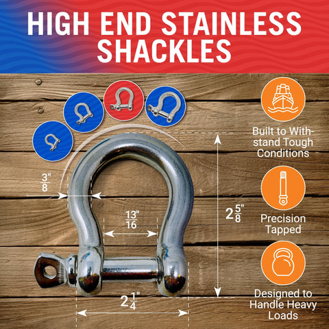 Heavy Duty 316 Stainless Steel D Ring Shackles 4 Pack Marine Grade Bow Or Clevis Anchor Shackle with dimensions and features