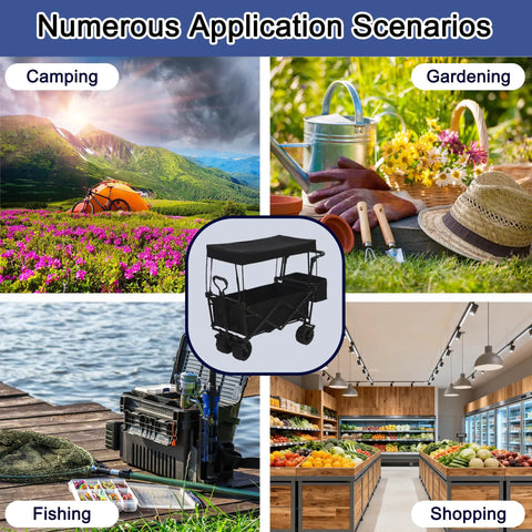 Numerous application scenarios of a Heavy Duty Collapsible Wagon Cart With Canopy For Outdoor Camping And Hauling Gear 200L.