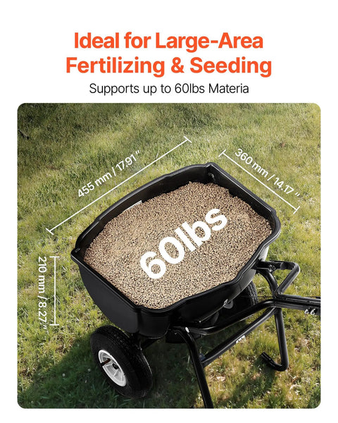 Walk Behind Broadcast Spreader For Lawn And Garden, 60 Lb Capacity, Adjustable Spreading, hopper filled with material on grass