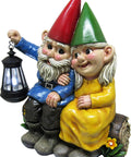 Light Of Our Love Gnome Couple Solar Lantern Statue Cute Outdoor Yard Decor Sitting On Log With Yellow And Blue Lights