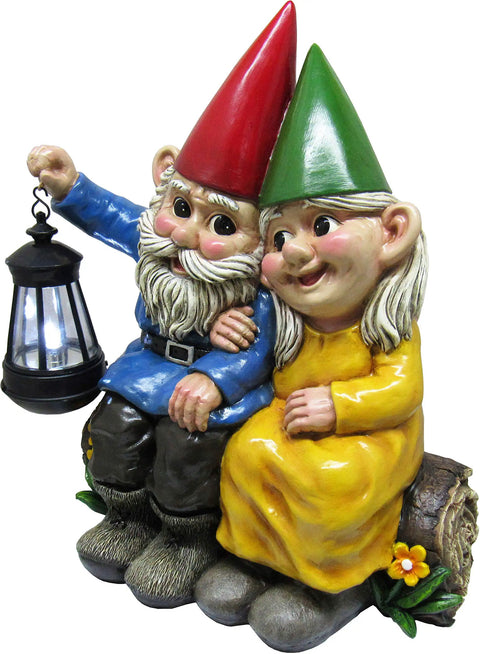 Light Of Our Love Gnome Couple Solar Lantern Statue Cute Outdoor Yard Decor Sitting On Log With Yellow And Blue Lights