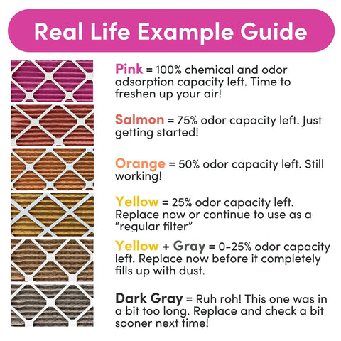 Color guide for Pet Friendly 20x25x1 Air Filter 4 Pack Made In USA with Color Changing Indicator MERV 8 for odor removal.