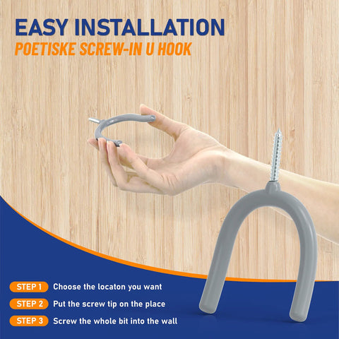 Hand holding Heavy Duty Screw In U Utility Hook from Wall Mount Garage Storage Organizer Set, demonstrating easy installation.