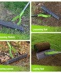 Collage showing 15 Inch Thatching Rake For Lawns With 5 Foot Handle Beefy Heavy Duty Dethatcher Rake With Adjustable Head in use