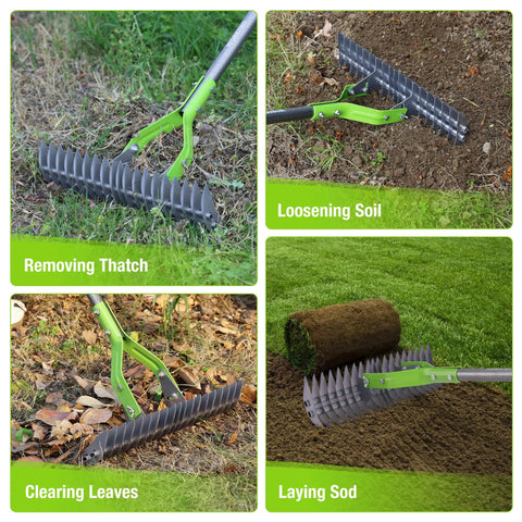 Collage showing 15 Inch Thatching Rake For Lawns With 5 Foot Handle Beefy Heavy Duty Dethatcher Rake With Adjustable Head in use