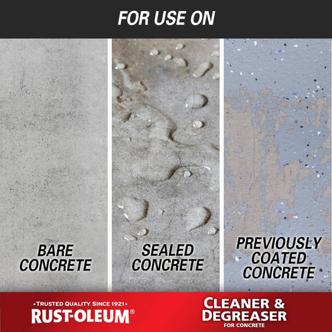 Heavy Duty Cleaner Degreaser For Home And Pro Jobs Prep Concrete For Paints Stains And Sealers on bare, sealed, coated concrete