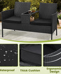 Two Seat Outdoor Patio Loveseat With Table In Black Wicker Rattan Outdoor Set With Washable Cushion Covers Weatherproof Garden Lounge Furniture