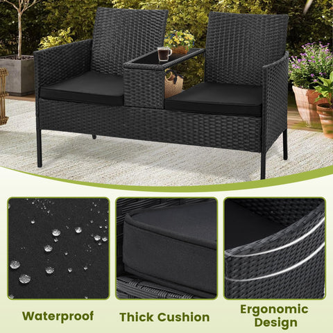 Two Seat Outdoor Patio Loveseat With Table In Black Wicker Rattan Outdoor Set With Washable Cushion Covers Weatherproof Garden Lounge Furniture