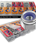 Snag This Awesome 444 Piece Stainless Steel 304 Metric Lock Nuts Assortment Kit Loaded With Nylon Insert Nylock Nuts In Sizes M2 M2.5 M3 M4 M5 M6 M8 M10 M12 For All Your Diy And Hardware Fastening Needs showing organized compartments with visible sizes. Large M2-M12 range lock nut highlighted.