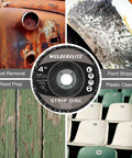 Image of 12 Pack 4 Inch Grinding Discs With Five Eighth Inch Bore For Angle Grinders Black Rust Busting Paint Stripping Wheels, showing uses on metal, wood, and plastic.