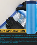 Gloved hand applying Blue Pre Taped Masking Film 71 Inch By 65 Foot Three Pack Drop Sheet With Built In Tape