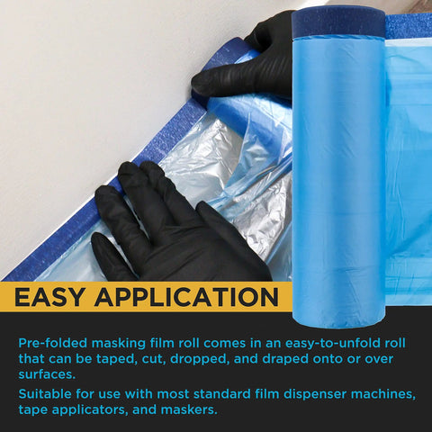 Gloved hand applying Blue Pre Taped Masking Film 71 Inch By 65 Foot Three Pack Drop Sheet With Built In Tape