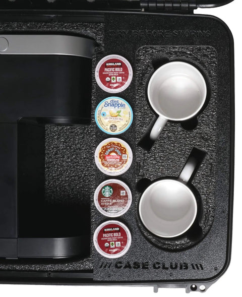 Waterproof Travel Case For Keurig K Mini With Custom Foam And ABS Plastic Platform Holds 2 Mugs And Stores 5 Pods Padlockable