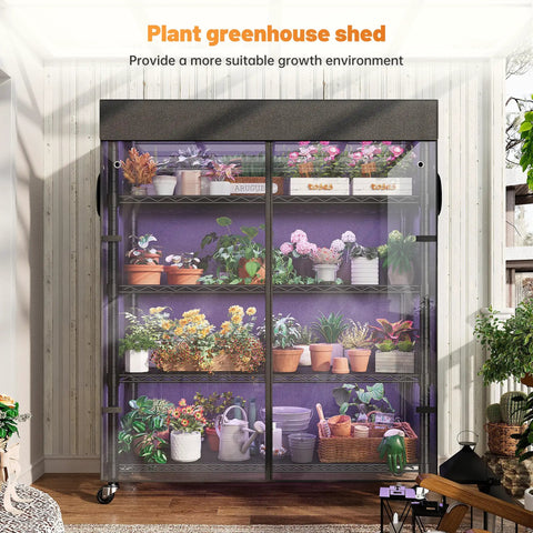 72.8 Inch 5 Tier Heavy Duty Storage Shelving With Cover And Wheels For Pantry Or Garage, Beefy Metal Shelving System With UV Dust Cover, Easy Roll Mobility, Large Storage Space And Enhanced Organization. Black 5-tier metal greenhouse plant shed with roll wheels