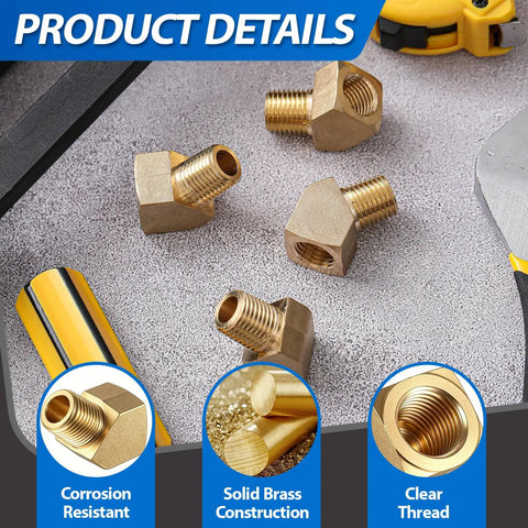 Four Pack 45 Degree Street Elbows Quarter Inch NPT Female To Quarter Inch NPT Male Brass Barstock Fittings For Pneumatic Systems 1200 PSI Connector Mitered Pipe Plumbing Accessory on textured surface.