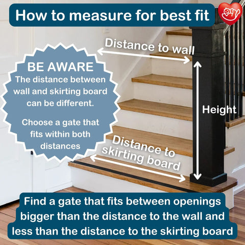 Measurement guide for Guard Me Retractable Safety Gate for Extra Wide Openings 21.6 to 44.6 Inches, stairs shown