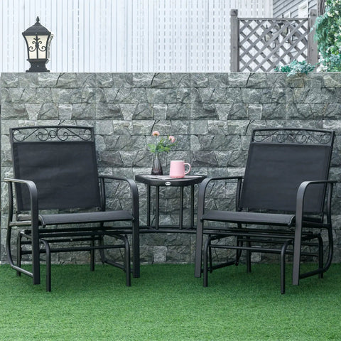 Two-Seat Outdoor Glider Chair Set With Coffee Table for Patio and Backyard, breathable sling seats, durable steel frame in garden setting