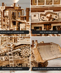 Terrain Titan Bulldozer 3D Wooden Puzzle Kit For Adults To Build With 1715 Precision Cut Pieces No Glue Needed, illustrated close-up of cabin, lever and blade