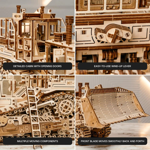 Terrain Titan Bulldozer 3D Wooden Puzzle Kit For Adults To Build With 1715 Precision Cut Pieces No Glue Needed, illustrated close-up of cabin, lever and blade