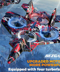 Camouflage design foam remote control plane for kids with LED lights and four turbofans flying over snowy mountains.