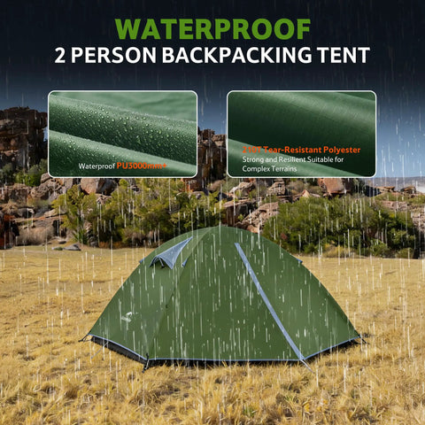 Bleik-A 2 To 3 Person Camping Tent With Waterproof Double Layer in rainy field showing waterproof PU3000mm fabric close-up