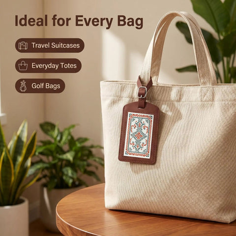 Four Pack No Fuss Needlepoint Luggage Tags Featuring Slick Faux Leather Shell And Crystal Clear Id Window on a tote bag.
