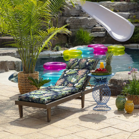 Simone Blue Tropical Outdoor Chaise Cushion 21 In W X 72 In L Weatherproof Rainproof Fade Resistant Patio Pad on chaise by poolside