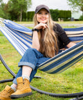 Big Outdoor Double Hammock With Stand For Two People, Durable Poly Cotton Fabric In Blue And White Stripes, Ideal For Backyard