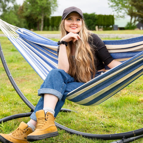 Big Outdoor Double Hammock With Stand For Two People, Durable Poly Cotton Fabric In Blue And White Stripes, Ideal For Backyard