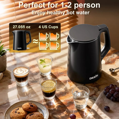Compact 0.8L Travel Electric Kettle With Double Wall 304 Stainless Steel Auto Shut Off Portable Kettle on table with drinks