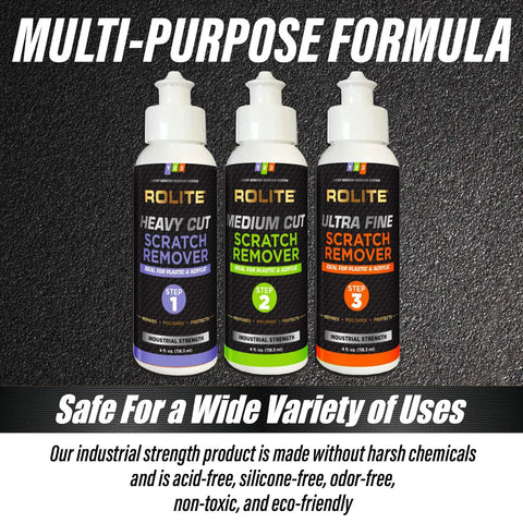 Front view of 3 Step Scratch Removal Kit For Clear Plastic And Acrylic Surfaces With Heavy Cut, Medium Cut And Ultra Fine Pro Grade Polishing Compounds