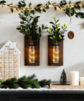 Game Changer Rustic Two Pack Wood Glass Wall Sconces Paired With Warm Twinkle Lights Smooth Farmhouse Indoor Planters For Living Room Walls Hanging Vase To Show Off Herbs And Trailing Greens, featuring two sconces with glass vases and fairy lights.