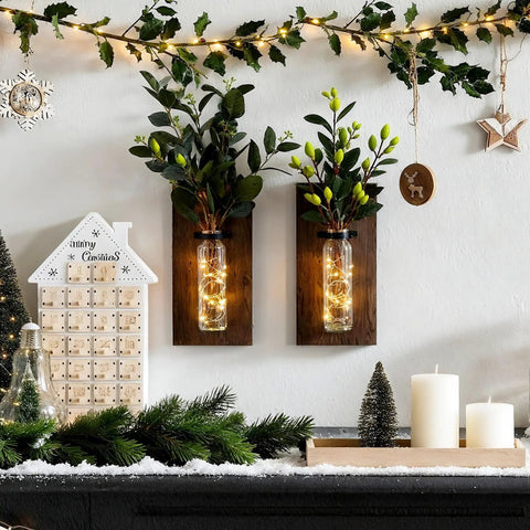 Game Changer Rustic Two Pack Wood Glass Wall Sconces Paired With Warm Twinkle Lights Smooth Farmhouse Indoor Planters For Living Room Walls Hanging Vase To Show Off Herbs And Trailing Greens, featuring two sconces with glass vases and fairy lights.