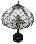 Tiffany Style Table Lamp With Floral Banker Design, Stained Glass White And Gray, Vintage Elegant Nightstand Lamp For Living Room