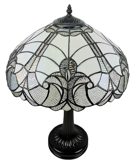 Tiffany Style Table Lamp With Floral Banker Design, Stained Glass White And Gray, Vintage Elegant Nightstand Lamp For Living Room