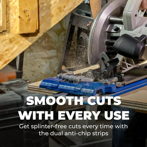 Premium Circular Saw Track Guide With Precision Track Clamps, 50 Inch Anti Splinter Rail in use for clean plywood cuts.