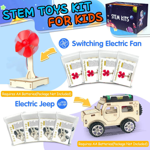 24 Pack STEM Kit Bundle For Kids 6 In 1 Treasure Box Of Fun Science Projects And Crafts For Ages 8 To 12, showing electric fan and jeep.
